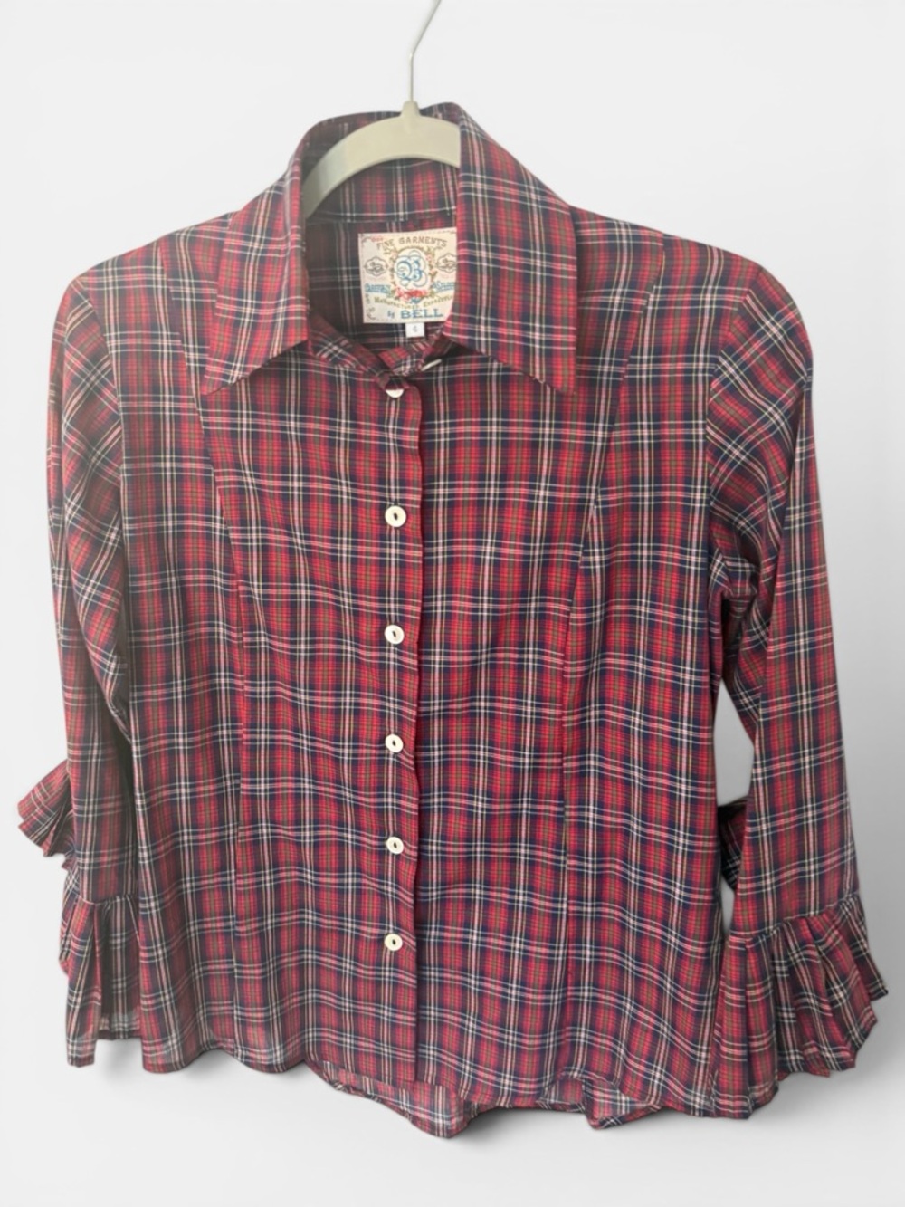 Vintage 70s Fine Garments Blue Bell Plaid Flared Cuff Blouse Size 4